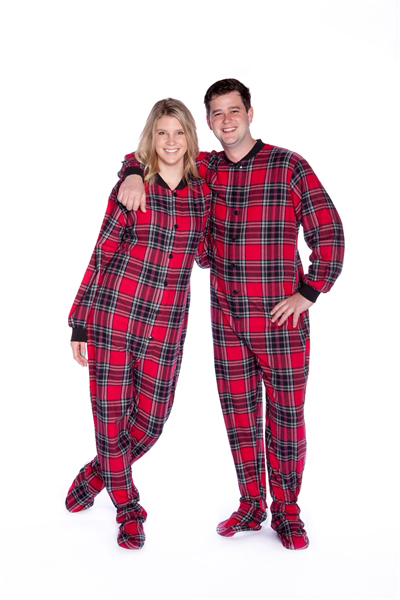Flannel Adult Footed Pajamas in Red and Black Plaid Onesie for Men ...
